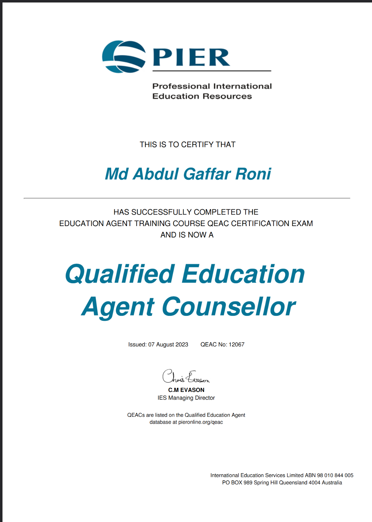 PIER Certification